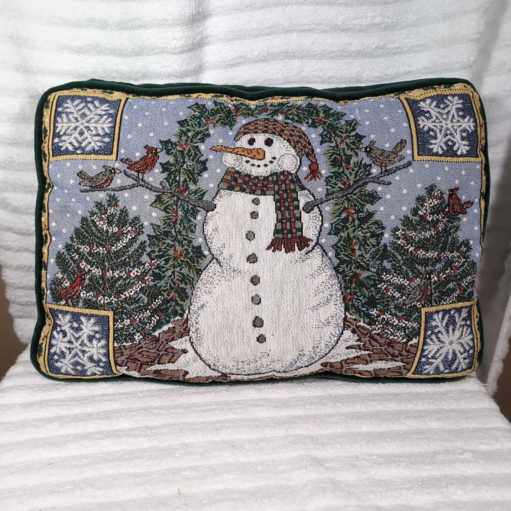 Needlepoint Christmas Snowman Pillow Green Velvet Back Rectangle Holiday Winter